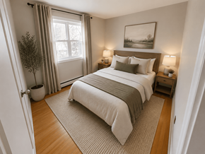 Fredericton apartment for rent - A bedroom with a large bed and a painting on the wall.