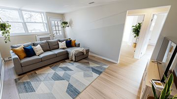 Fredericton apartment for rent - A living room with a grey couch and a rug.