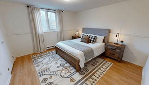 Fredericton apartment for rent - A bedroom with a large bed and a patterned rug.