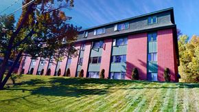 Fredericton apartment for rent - A red brick building with green shutters and a tree in front.