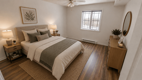 Fredericton apartment for rent - A bedroom with a large bed and a ceiling fan.