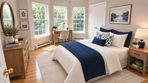 Fredericton apartment for rent - A bedroom with a large bed and a desk with a chair.