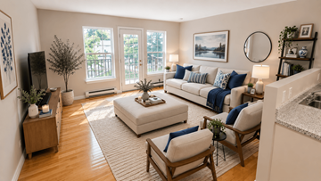 Fredericton apartment for rent - A living room with a white couch and a television.