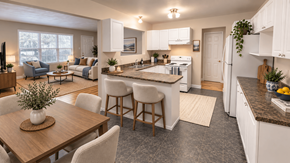 Fredericton apartment for rent - A well-lit, modern kitchen with a dining table and chairs.