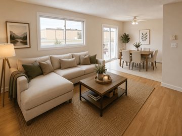 Fredericton apartment for rent - A living room with a white couch, a coffee table, and a dining table with chairs.