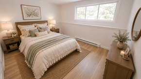 Fredericton apartment for rent - A bedroom with a large bed and a wooden nightstand.