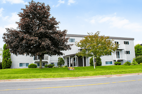 Fredericton apartment for rent - A grey building with a tree in front of it.
