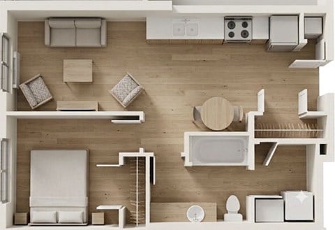Floor plan for 1 bed, 1 bath, 620 sqft