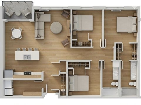 Floor plan for 3 beds, 2 baths, 1273 sqft