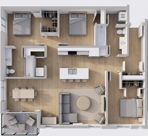Floor plan for 3 beds, 2 baths