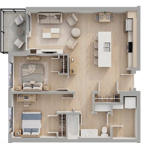 Floor plan for 2 beds, 1 bath, 830 sqft