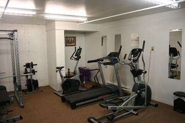 Fredericton apartment for rent - A gym with a treadmill, weights, and a mirror.