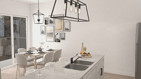 Fredericton apartment for rent - A modern kitchen with a dining table set for four.