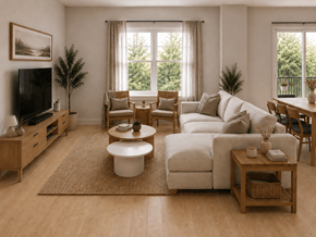 Fredericton apartment for rent - A living room with a white couch, a television, and a rug.
