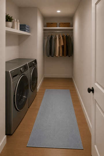 Fredericton apartment for rent - A laundry room with a washer and dryer and a blue rug on the floor.