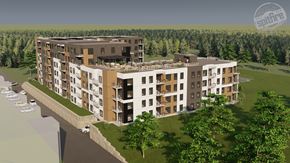 Fredericton apartment for rent - A rendering of a multi-story apartment building with a parking lot in front.