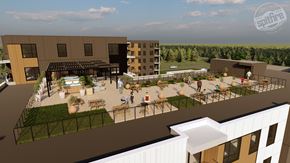 Fredericton apartment for rent - A rendering of a modern building complex with a courtyard and people walking around.