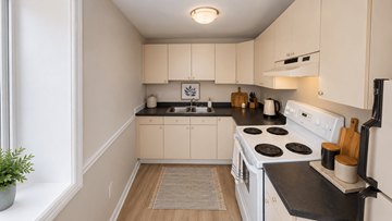 Fredericton apartment for rent - A kitchen with white appliances and a rug on the floor.