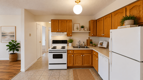 Fredericton apartment for rent - A kitchen with wooden cabinets and a white refrigerator.
