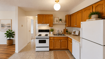 Fredericton apartment for rent - A kitchen with wooden cabinets and a white refrigerator.
