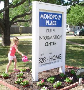 Dallas apartment for rent - A girl watering flowers in front of a Monopoly Place sign.