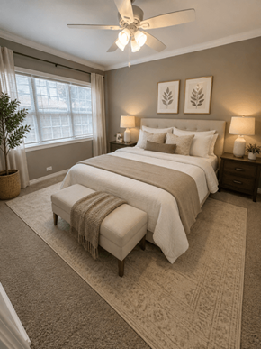 Dallas apartment for rent - A bedroom with a large bed and a ceiling fan.