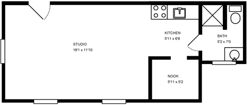 Floor plan for studio, 1 bath, 400 sqft