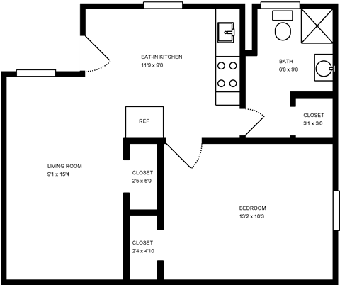 Floor plan for 1 bed, 1 bath, 500 sqft