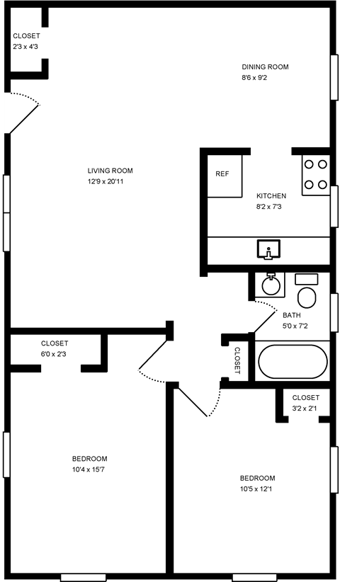 Floor plan for 2 beds, 1 bath, 925 sqft