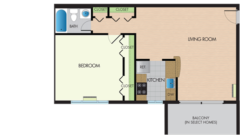 Floor plan for 1 bed, 1 bath, 719 sqft