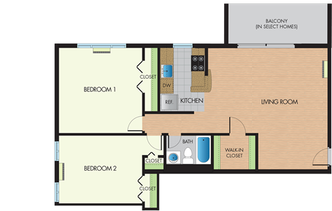 Floor plan for 2 beds, 1 bath, 898 sqft