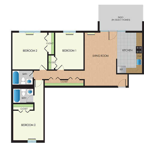 Floor plan for 3 beds, 2 baths, 1100 sqft