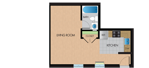 Floor plan for studio, 1 bath, 568 sqft