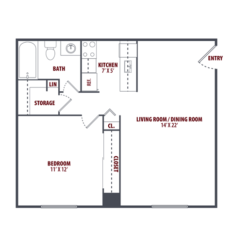 Floor plan for 1 bed, 1 bath, 625 sqft