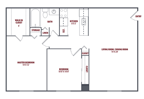 Floor plan for 2 beds, 1 bath, 779 sqft