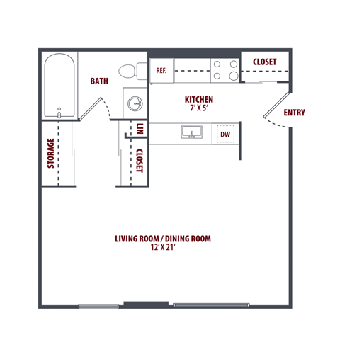 Floor plan for studio, 1 bath, 475 sqft