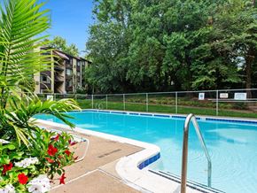Falls Church apartment for rent - A pool surrounded by a fence and trees.