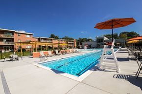 Falls Church apartment for rent - A swimming pool with a ladder and sunshades.