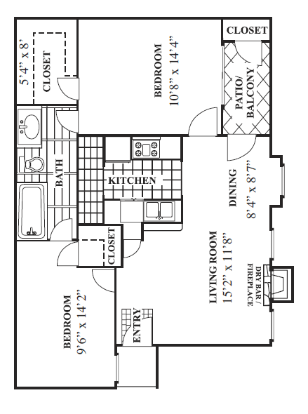 Floor plan for 2 beds, 1 bath, 824 sqft