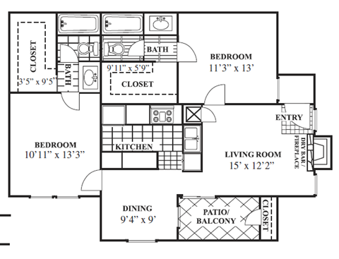 Floor plan for 2 beds, 2 baths, 975 sqft