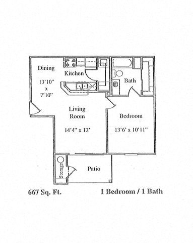 Floor plan for 1 bed, 1 bath, 667 sqft