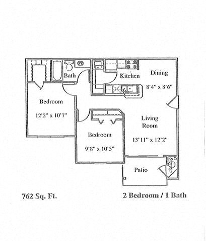 Floor plan for 2 beds, 1 bath, 762 sqft