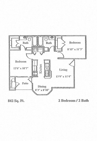 Floor plan for 2 beds, 2 baths, 842 sqft