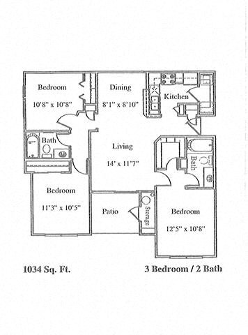 Floor plan for 3 beds, 2 baths, 1034 sqft