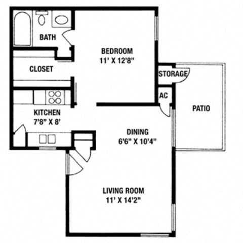 Floor plan for 1 bed, 1 bath, 569 sqft