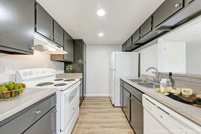 Austin apartment for rent - A kitchen with white appliances and a bowl of green apples on the counter.