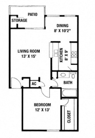Floor plan for 1 bed, 1 bath, 705 sqft