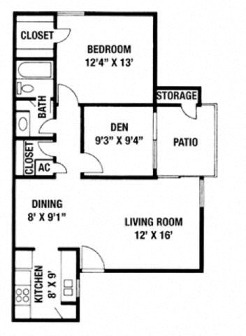 Floor plan for 1 bed, 1 bath, 795 sqft