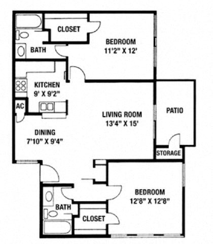 Floor plan for 2 beds, 2 baths, 985 sqft