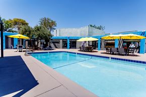 Las Vegas apartment for rent - A pool with a blue tiled edge and yellow umbrellas.